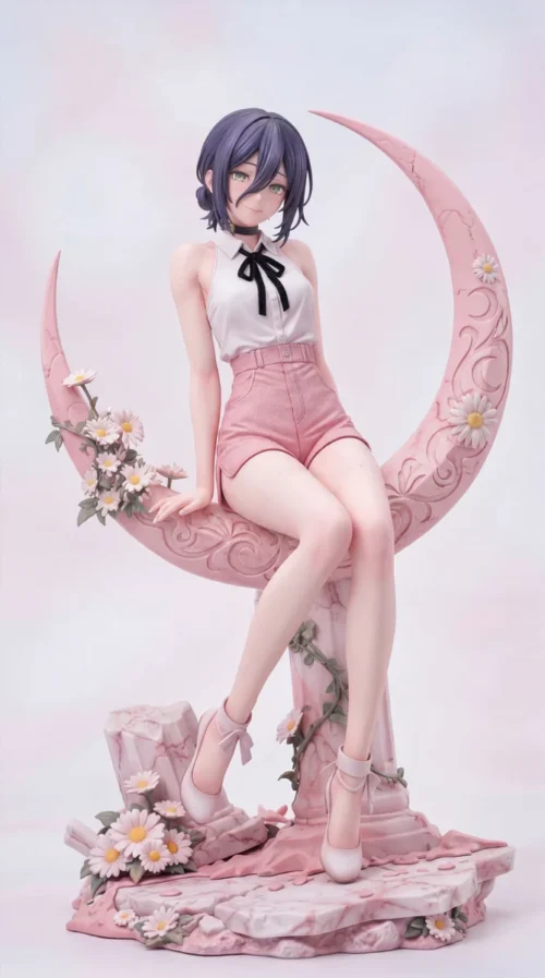 "Limited edition 1/6 Reze Pink Moon Daisy Chainsaw Man resin statue. Exquisite collectible showcasing Reze's dynamic pose, pink daisies, and crescent."