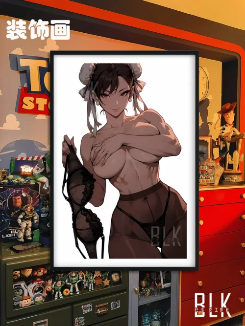 "High-definition alluring Chun-Li art print, showcasing the iconic Street Fighter character in elegant baroque lingerie, perfect as a decorative paint."