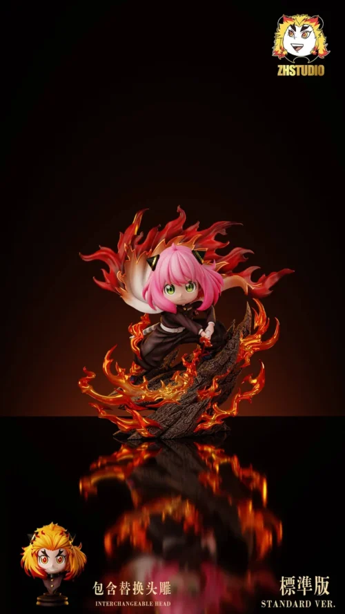"Exclusive Anya Rengoku Crossover figure showcases dynamic flame effects, intricate sculpt, and fiery action pose from a detailed angle."