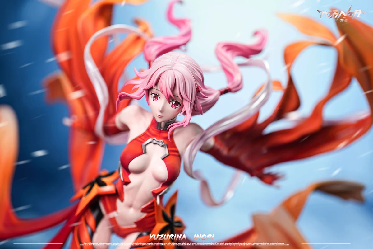 "Inori Yuzuriha Guilty Crown statue close-up, revealing exquisite detail of her flowing attire and dynamic pose."
