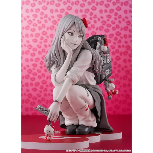 "Premium Gyaru Tomie Hello Kitty figure, showcasing intricate sculpted details of the iconic Junji Ito x Hello Kitty crossover from a dynamic angle."