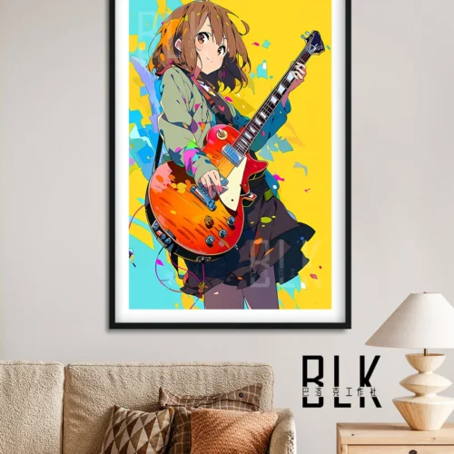 "Vibrant K-On! Yui Hirasawa decorative painting in pop-art anime style, featuring elegant baroque details. This art print captures her dynamic essence."