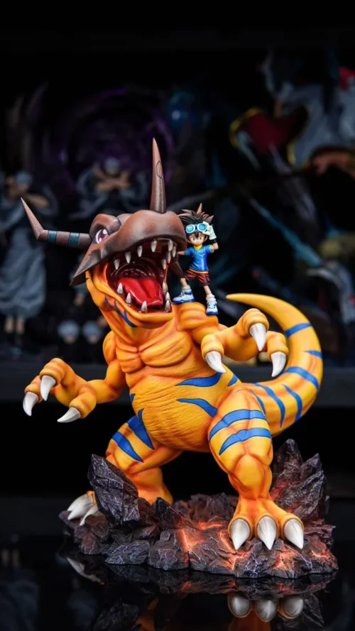 Dynamic Soar Studio limited edition Digimon Greymon & Tai Kamiya resin statue, capturing an iconic colossal battle scene with premium detail.