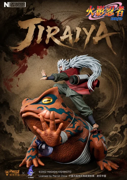 "Officially Licensed Jiraiya Sage Mode 1/6 Naruto resin statue. Dynamic pose, intricate details, toad summons, battlefield base, multiple angles."