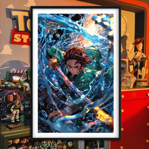 "Tanjiro Kamado Demon Slayer painting: a dynamic, high-contrast Baroque-inspired wall art piece, showcasing the hero's intense presence."