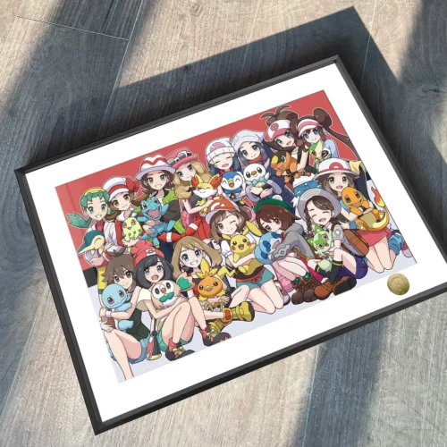 "Main image: A vibrant, limited edition decorative painting showcasing iconic Pokémon heroines in a captivating group photo, appealing to premium anime."