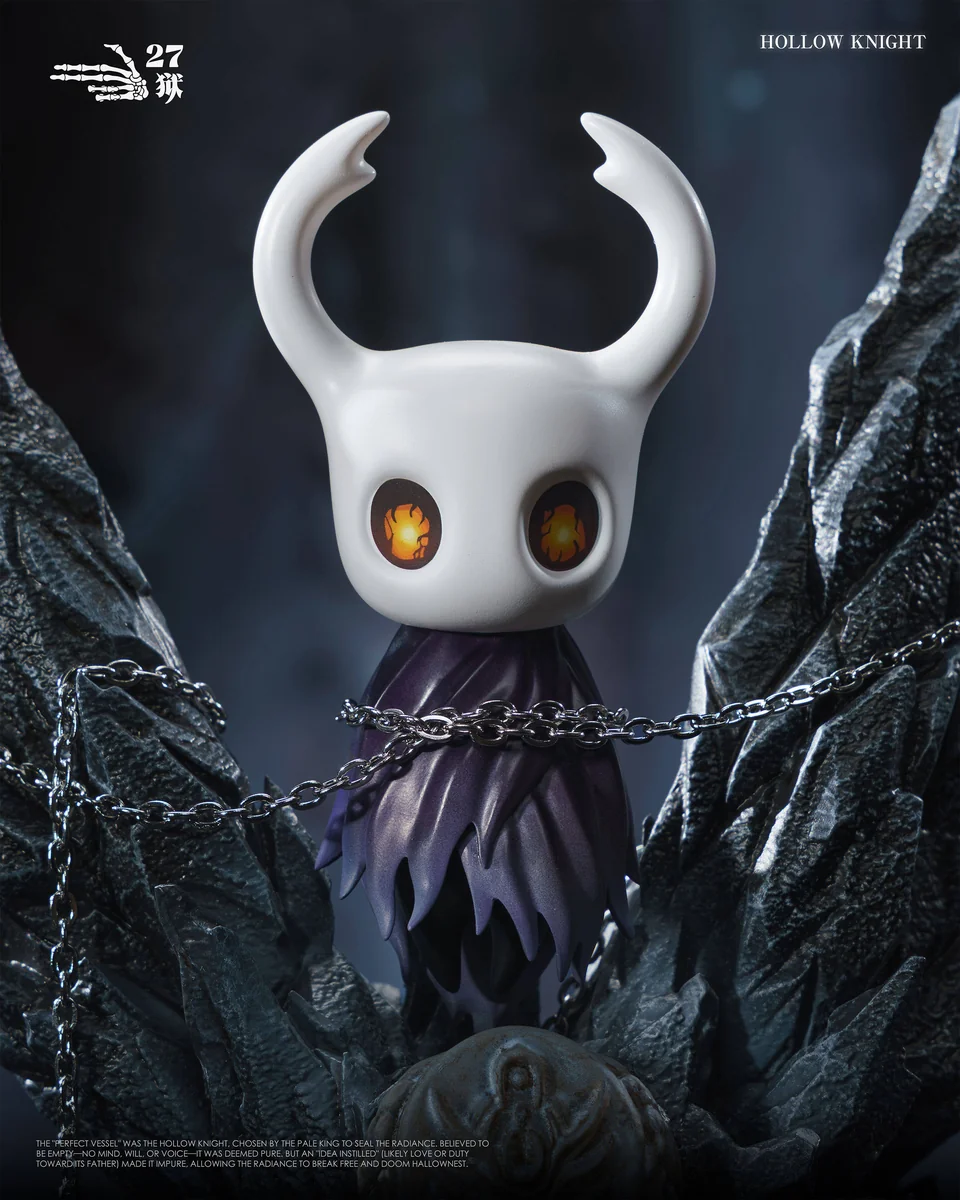"Hollow Knight figures: Dual set featuring both the Sealed Vessel and Little Knight statues, illuminated by atmospheric LED lights, capturing their."