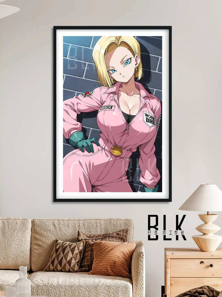 "Elegant Baroque Android 18 Wall Art. Premium Dragon Ball Z painting, showcasing details of her iconic pink outfit. Anime art for elegant homes."