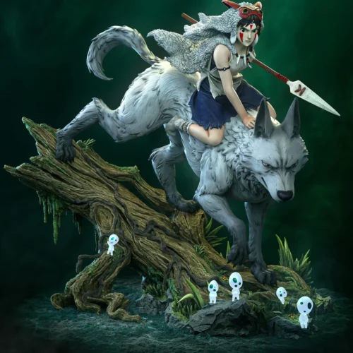 "Exquisite 1/6 Princess Mononoke San figure in a dynamic forest scene, showcasing her fierce spirit and mystical connection. Features glow-in-the-dark."