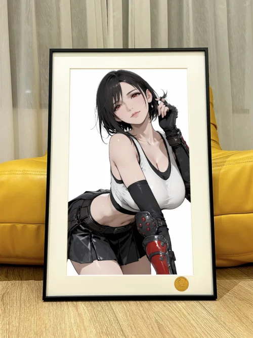 "Iconic Tifa Lockhart from Final Fantasy VII in a stunning cosmic starry sky decorative painting, an elegant limited edition collector's art print."
