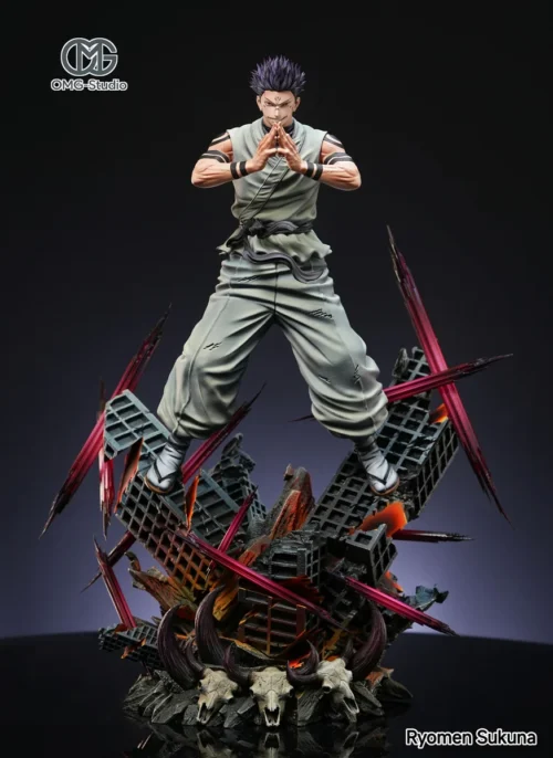"Images of the 1/6 Megumi Sukuna Jujutsu Kaisen LED statue. Highlights dynamic pose, striking LED eyes, and intricate battle effects. Limited edition."