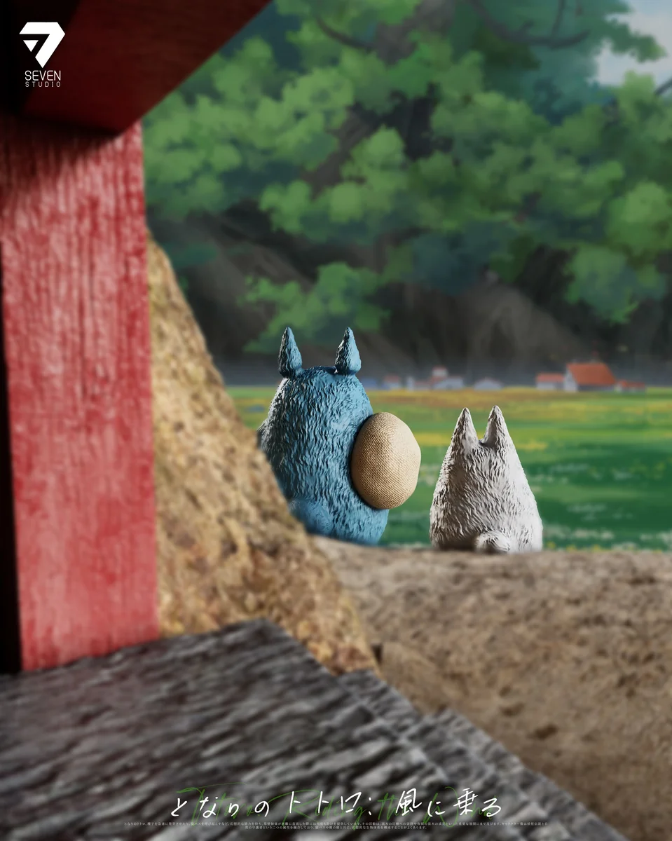"Limited Edition Illuminated Totoro Whimsical Flight Diorama. Features Catbus, flying Totoros, and glowing house from detailed angles."