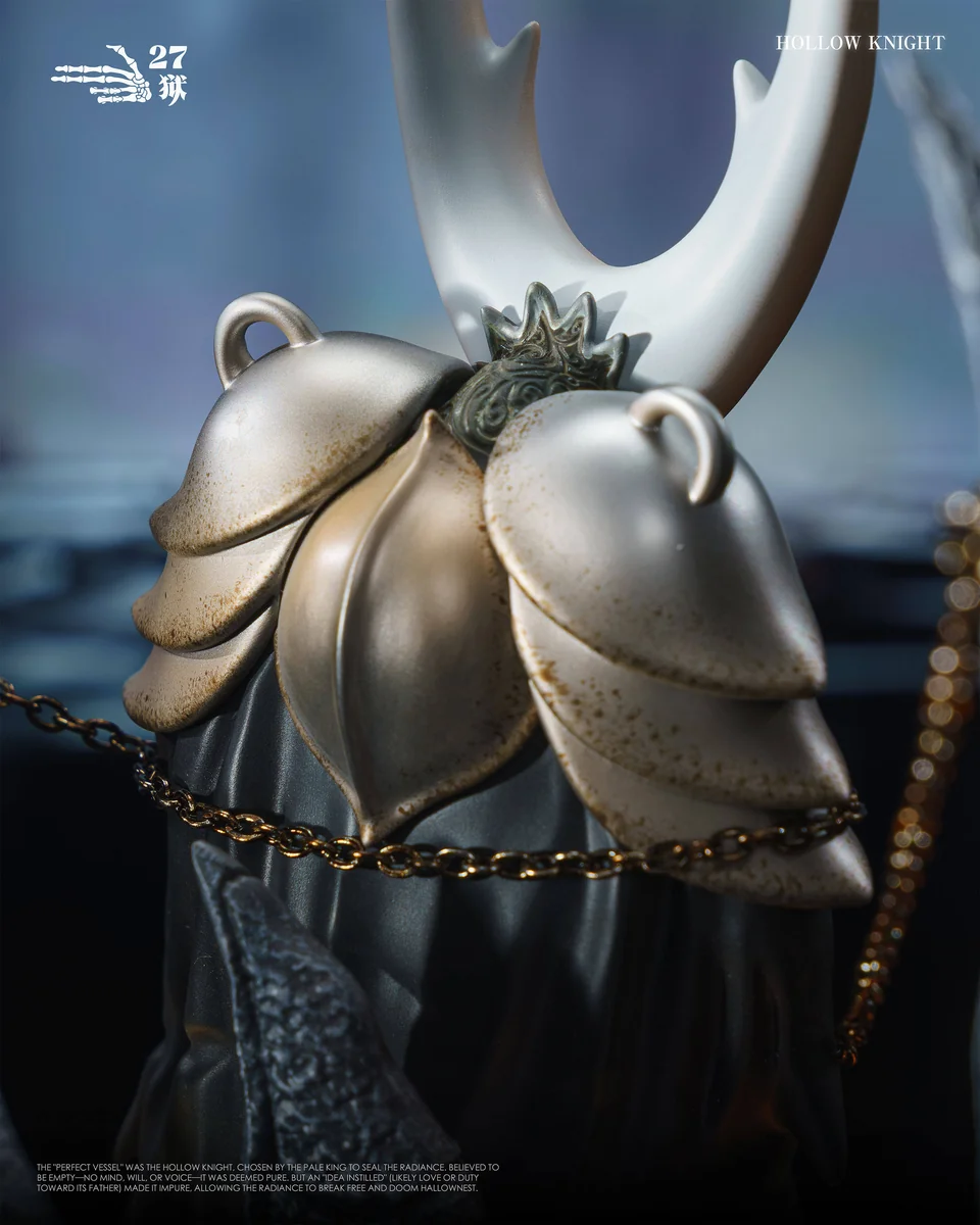 "Experience the artistic details of the Hollow Knight Sealed Vessel & Little Knight LED statue from various angles. This gallery highlights the dark."
