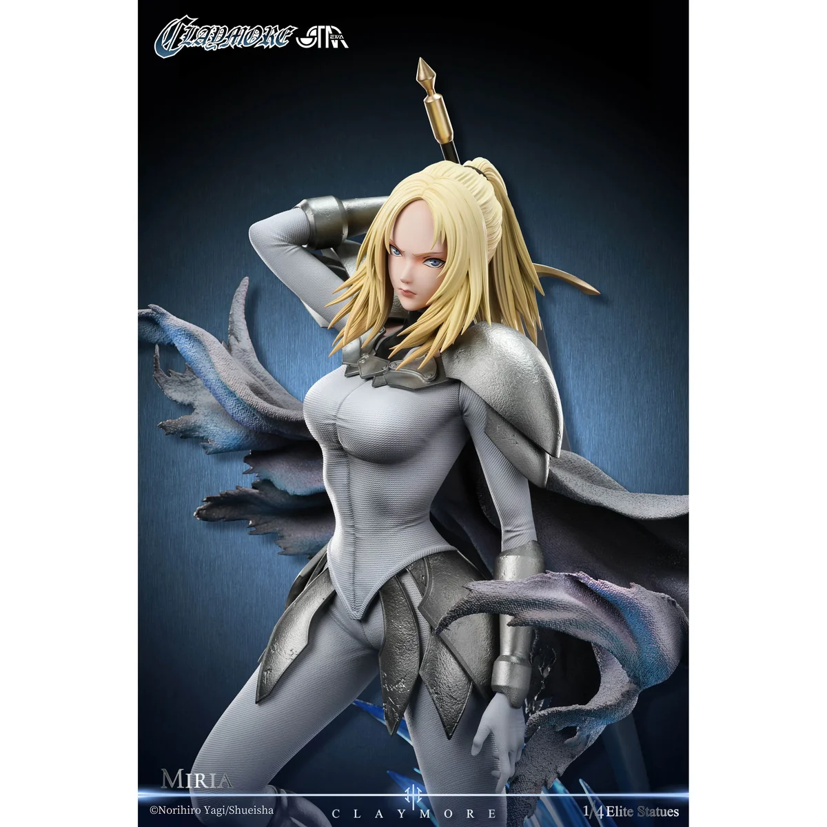 "Official 1/4 scale Miria Claymore resin statue by STAREXVA Studio, showcasing her dynamic combat pose and intricate details from multiple angles."