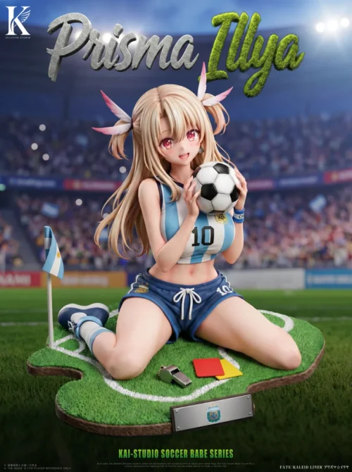"Vibrant 1/6 Illya Soccer Babe statue from Fate/kaleid liner Prisma Illya, by Kai Studio, striking a playful pose on her detailed stadium base."