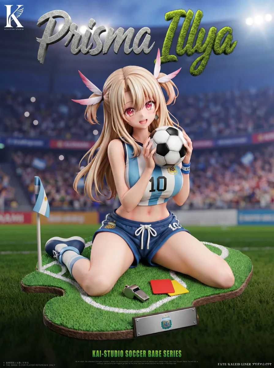 "Vibrant 1/6 Illya Soccer Babe statue from Fate/kaleid liner Prisma Illya, by Kai Studio, striking a playful pose on her detailed stadium base."