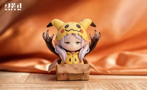 "Playful Frieren Mimikyu figure, unique Frieren x Pokémon crossover. Chibi Frieren in Mimikyu costume, sculpted details at various angles."