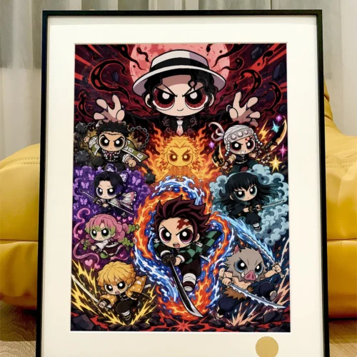 "Limited Edition Demon Slayer Powerpuff Girls crossover art print showcasing iconic characters against a vibrant starry sky, ideal for collectors."
