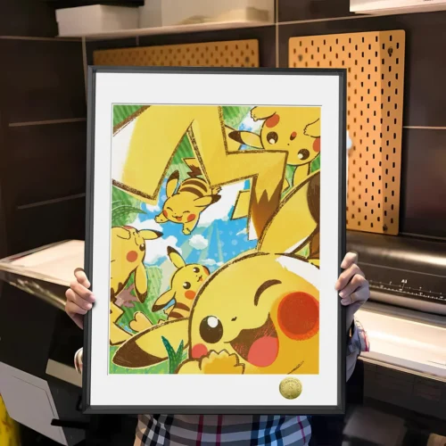 "Cute Pikachu decorative painting, a limited edition art print by Huang Gua Studio, featuring vibrant colors and a playful expression."