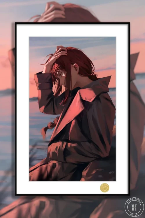 "Exclusive limited edition Makima art print from H-TWO Studio, showcasing a melancholic Chainsaw Man portrait in an elegant frame."