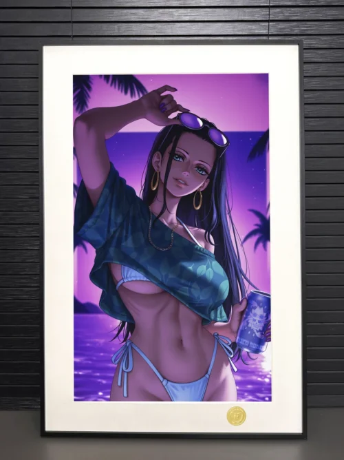 "Limited Edition GTA-Style Nico Robin painting. Edgy One Piece art print by H-TWO Studio, blending anime, urban aesthetics, shown from various angles."