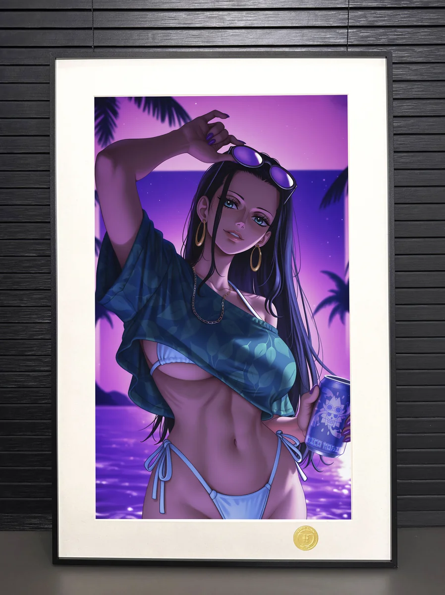 "Limited Edition GTA-Style Nico Robin painting. Edgy One Piece art print by H-TWO Studio, blending anime, urban aesthetics, shown from various angles."