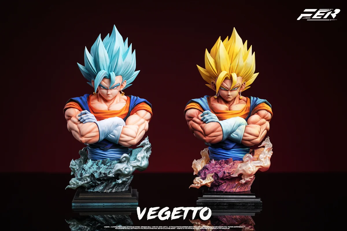 "Exquisite 1/5 Fer Studio Vegetto Bust Statue showcasing dynamic dual Super Saiyan forms with incredible detail, perfect for Dragon Ball collectors."