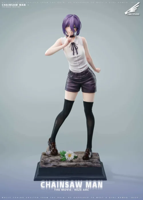 "Time Studio's premium 1/4 Reze Chainsaw Man statue, showcasing her explosive action pose, intricate details, and dual interchangeable heads."