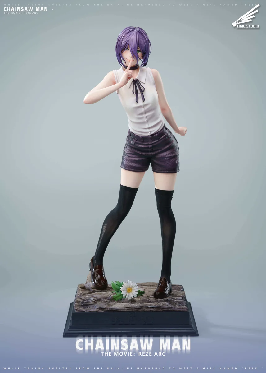 "Time Studio's premium 1/4 Reze Chainsaw Man statue, showcasing her explosive action pose, intricate details, and dual interchangeable heads."