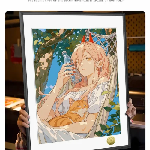"Detailed gallery views of the exclusive Huang Gua Studio Chainsaw Man Power and Cats summer decorative painting, highlighting vibrant artistic nuance."