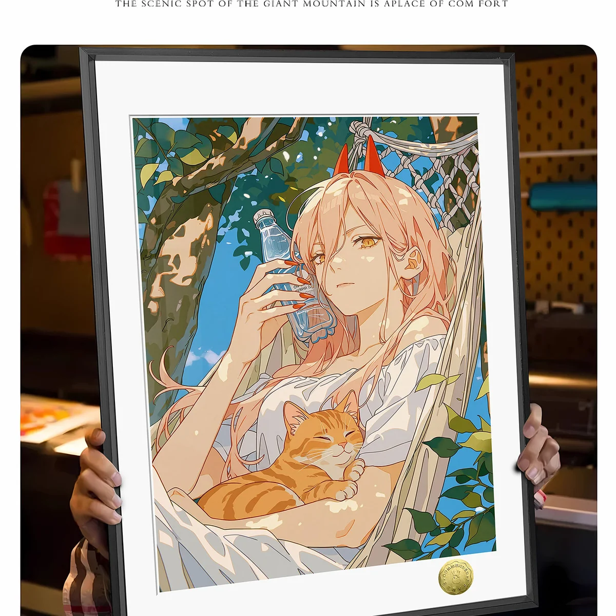 "Detailed gallery views of the exclusive Huang Gua Studio Chainsaw Man Power and Cats summer decorative painting, highlighting vibrant artistic nuance."