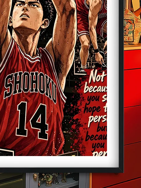 "Dynamic Mitsui Hisashi Slam Dunk decorative painting gallery. See vibrant colors, artistic details, and premium sleek frame from multiple angles."