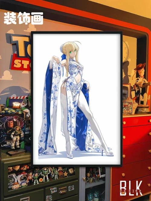 "Elegant Artoria Pendragon Cheongsam Saber decorative painting. Premium framed Fate/stay night art, exquisite Baroque style."