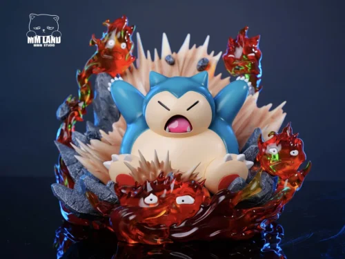 "Dynamic Enraged Snorlax & glowing Calcifer LED crossover statue from MMLAND STUDIO, showcasing explosive details and vibrant lighting from multiple."
