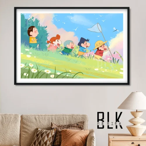 "Vibrant Crayon Shin-chan Summer Kasukabe painting shows cheerful characters on playful summer adventures. Detailed artistic home decor."