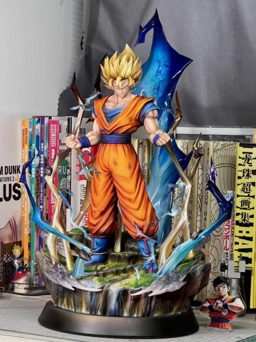 "Detailed gallery views of the Wodefa Studio Dragon Ball Z Super Saiyan Goku statue, showing dynamic LED lightning, full body glow, and intricate."