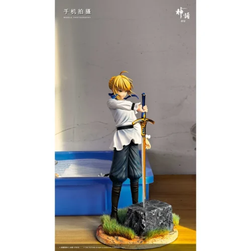 "Premium 1/6 Saber Excalibur Fate/stay night statue. Intricate armor, legendary sword, dynamic pose shown from multiple angles. Limited edition."
