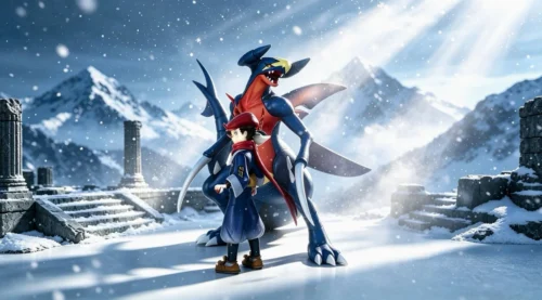 "Exquisite dynamic Pokémon Garchomp Statue featuring trainer and Garchomp in a detailed battle scene, showcasing premium sculpture details."