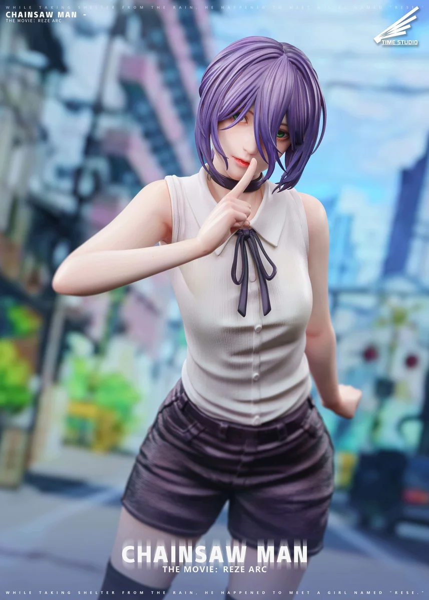 "Premium 1/4 scale Time Studio Reze statue from Chainsaw Man, showcasing her explosive pose and intricate details. Limited edition collectible."