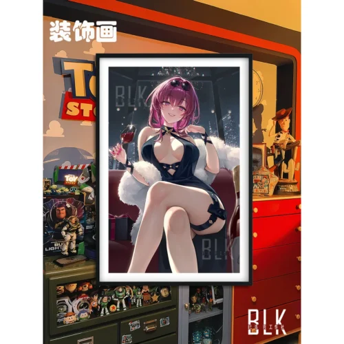 "A premium Honkai Star Rail Kafka Giclée painting featuring Kafka elegantly holding a wine glass, framed in brushed aluminum."