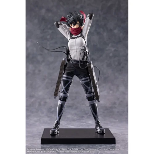 "Dynamic Mikasa Ackerman Attack on Titan Kotobukiya statue in an iconic combat pose with ODM gear and blades, showcasing premium sculpt quality."