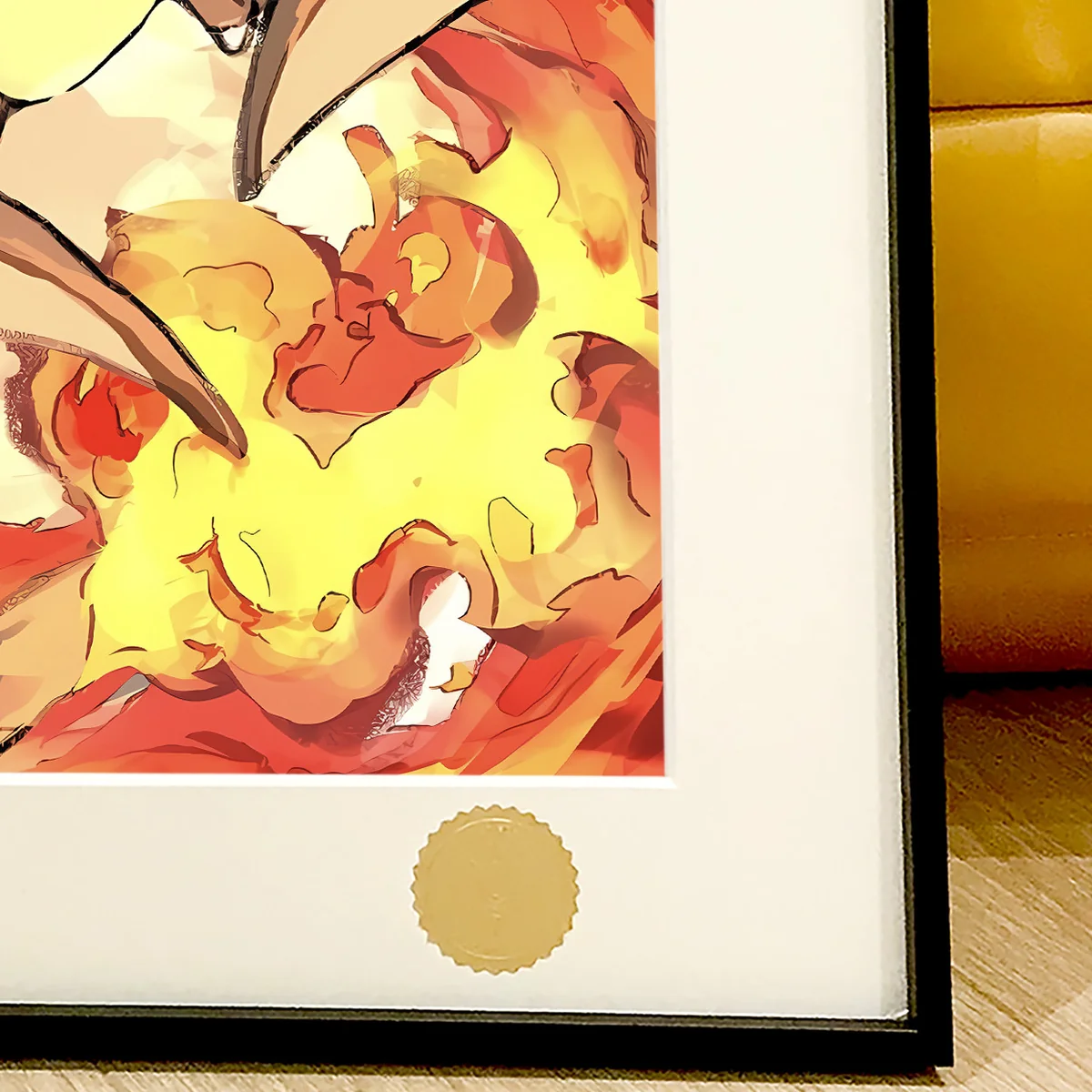 "Limited edition Shiny Charizard Pokémon 30th Anniversary art print gallery, highlighting vibrant street art style and premium frame details."