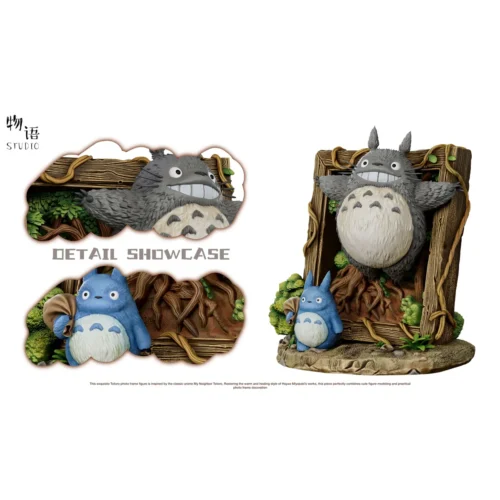 "Detailed views of the Wuyu Studio Totoro Photo Frame resin statue. Iconic My Neighbor Totoro characters in a whimsical forest diorama, highlighting."