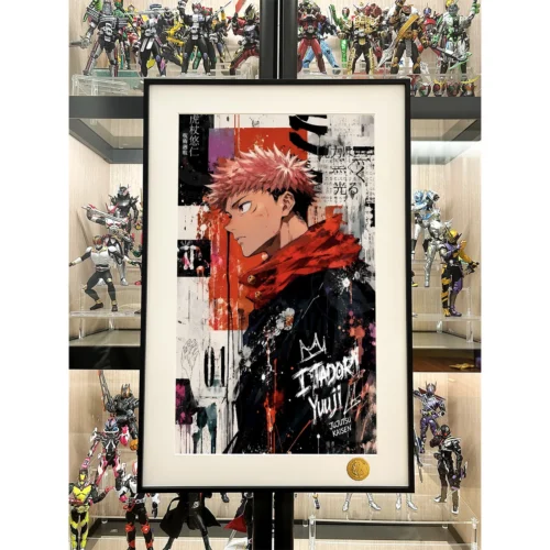 "Limited Edition Framed Jujutsu Kaisen Art Print gallery, dynamic graffiti Itadori Yuji with cosmic elements, highlighting artistic details."
