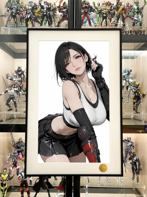 "Premium FF7 Tifa Lockhart Starry Sky decorative painting close-up, showcasing exquisite print details and elegant frame. A limited edition collector'."