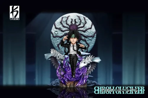 "Exclusive WCF Chrollo Lucilfer Requiem Hunter x Hunter statue by KS Studio, captured in a dynamic pose against a mystical moon backdrop, embodying."