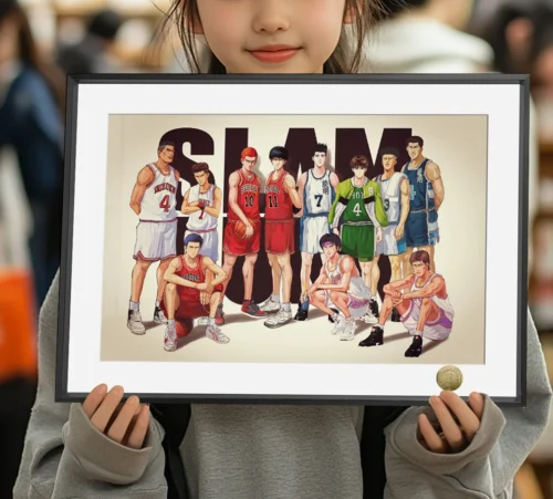 "Dynamic limited edition Slam Dunk art print showcasing the iconic Shohoku team's Golden Generation players in powerful poses, perfect fan art decor."