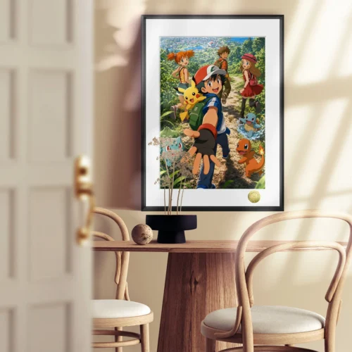 "Views of the Pokemon Decorative Painting: Ash & Friends. Dynamic, nostalgic fan art, highlighting playful details and vibrant colors from all angles."