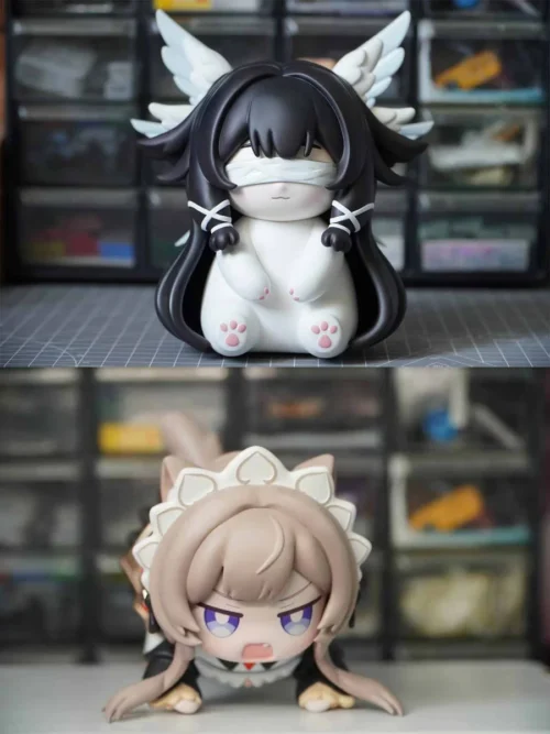 "Charming Yawning Kitten Sandrone & Columbina Genshin Impact figures capture their whimsical chibi style in sleepy poses, a delightful Naji Studio."