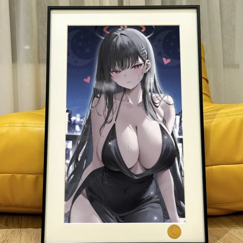 "Sophisticated Blue Archive Rio in a black dress, a detailed museum-grade limited edition art print. This decorative painting showcases premium anime."